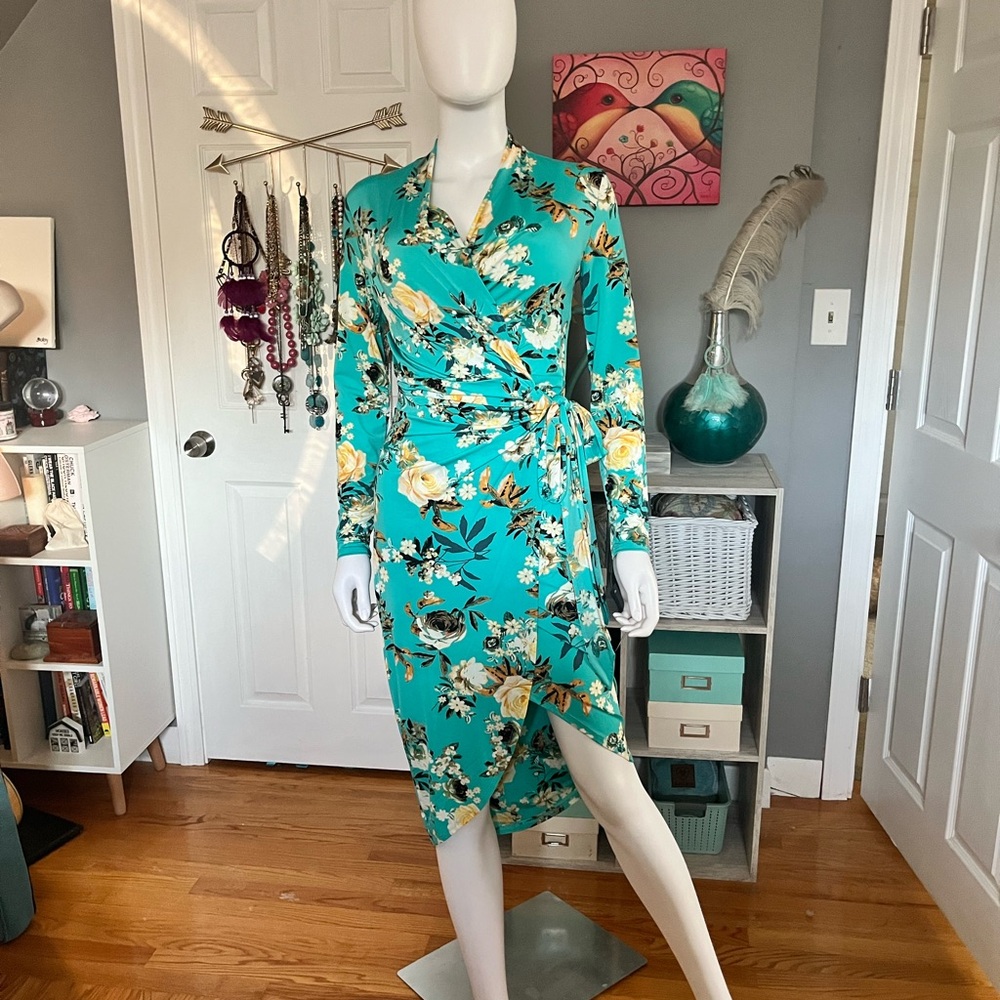 Rachel Roy Teal Floral Wrap Dress New with Tags